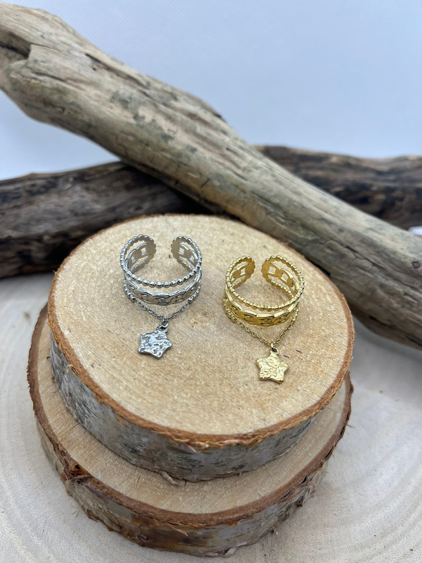 Bague en Acier inoxydable ajustable pendentif chaine orné d'une étoile - Doré ou en argenté