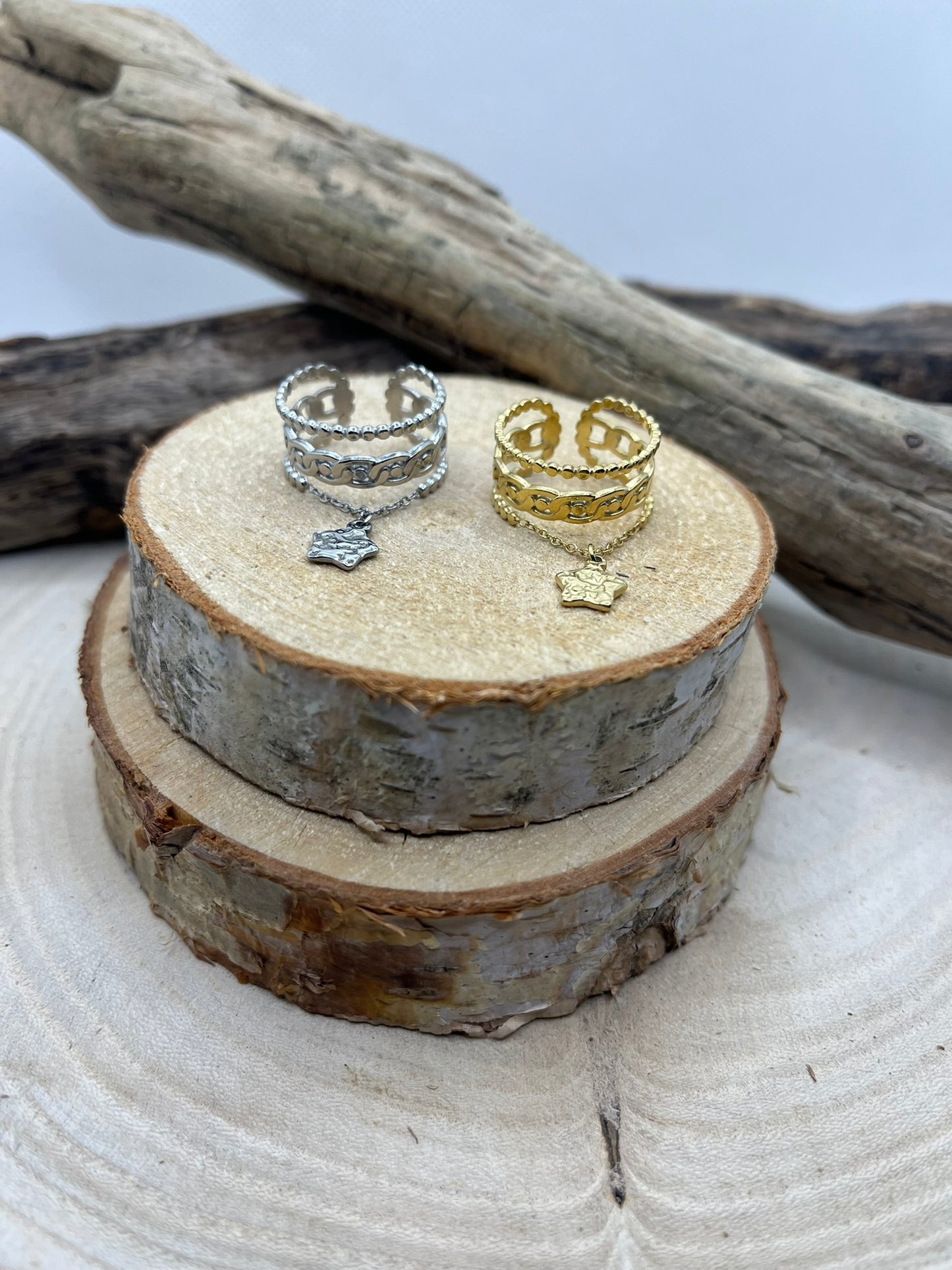 Bague en Acier inoxydable ajustable pendentif chaine orné d'une étoile - Doré ou en argenté