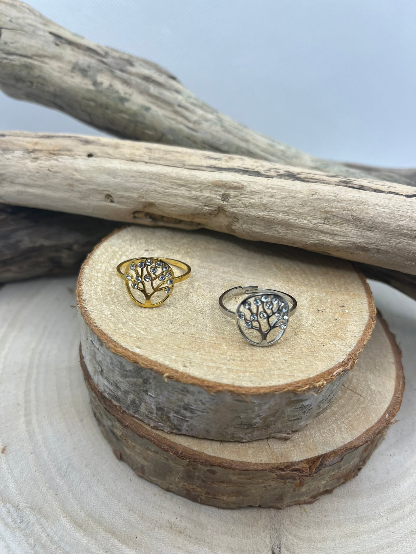 Bague en Acier inoxydable ajustable fine Arbre de Vie ornés de strass - Doré ou en Argenté
