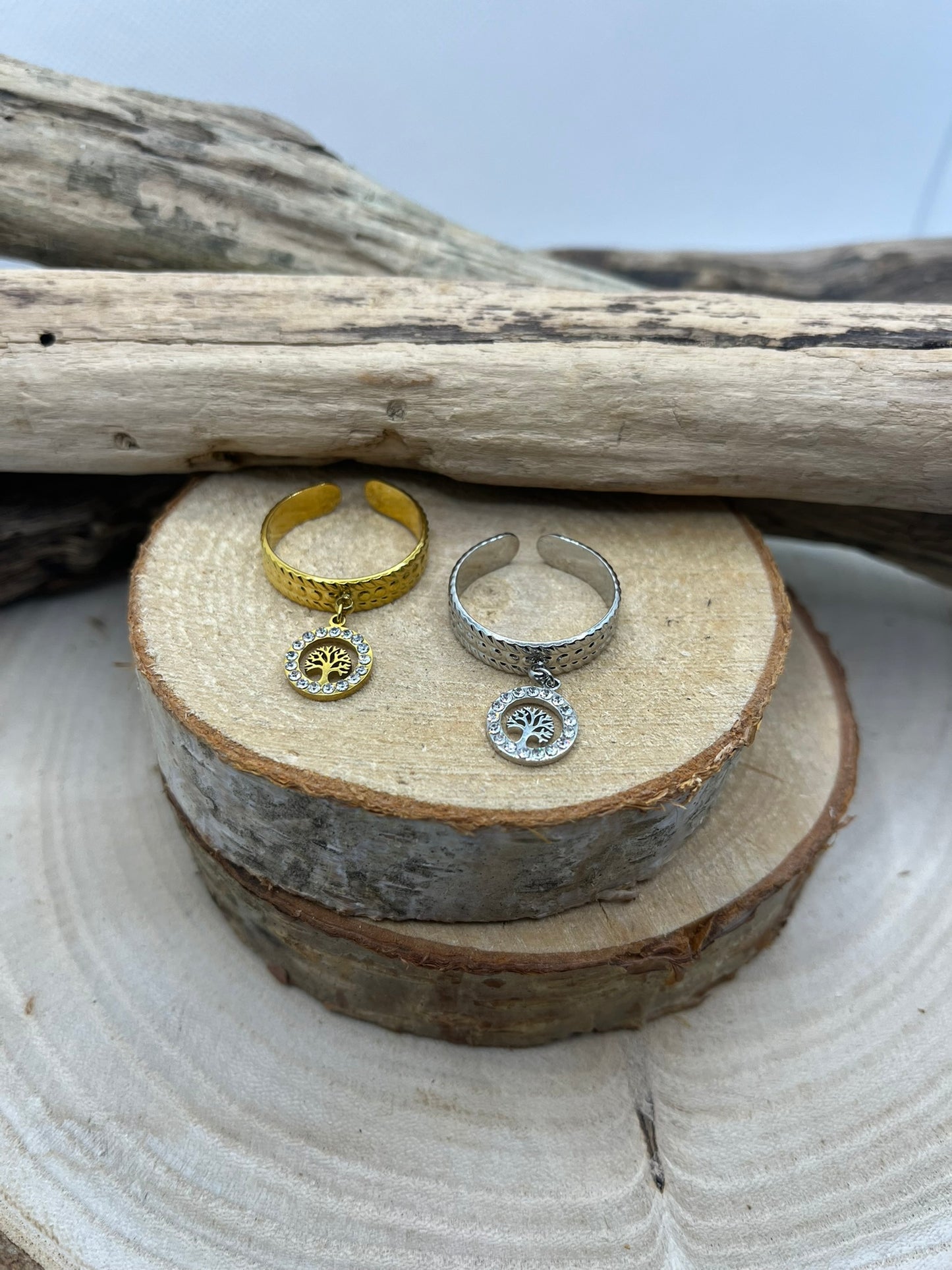 Bague en Acier inoxydable ajustable mode Pendentif Arbre de vie orné de strass - Doré ou en Argenté