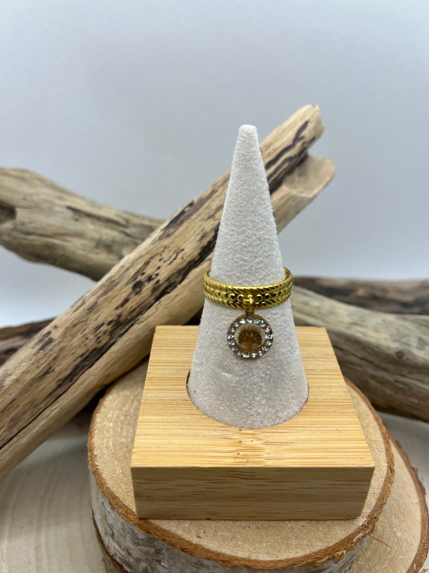 Bague en Acier inoxydable ajustable mode Pendentif Arbre de vie orné de strass - Doré ou en Argenté