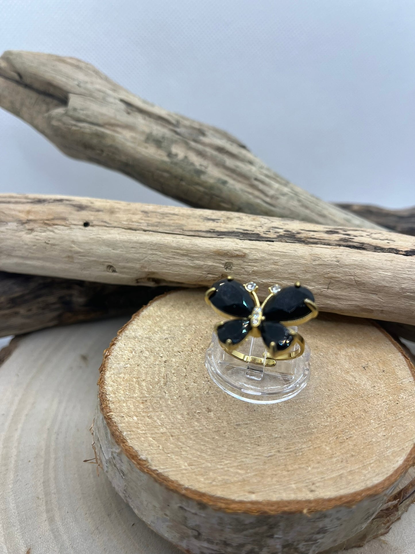 Bague en acier inoxydable Or et Papillon Noire Or ajustable à la mode