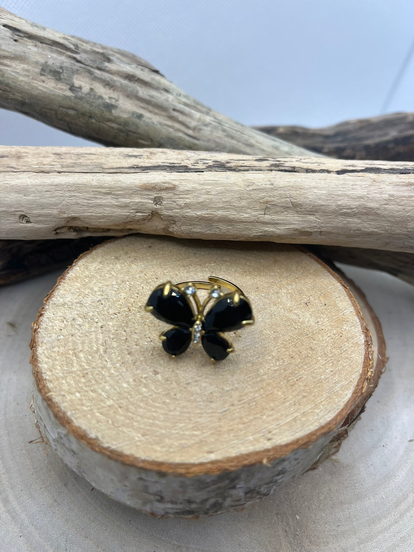 Bague en acier inoxydable Or et Papillon Noire Or ajustable à la mode