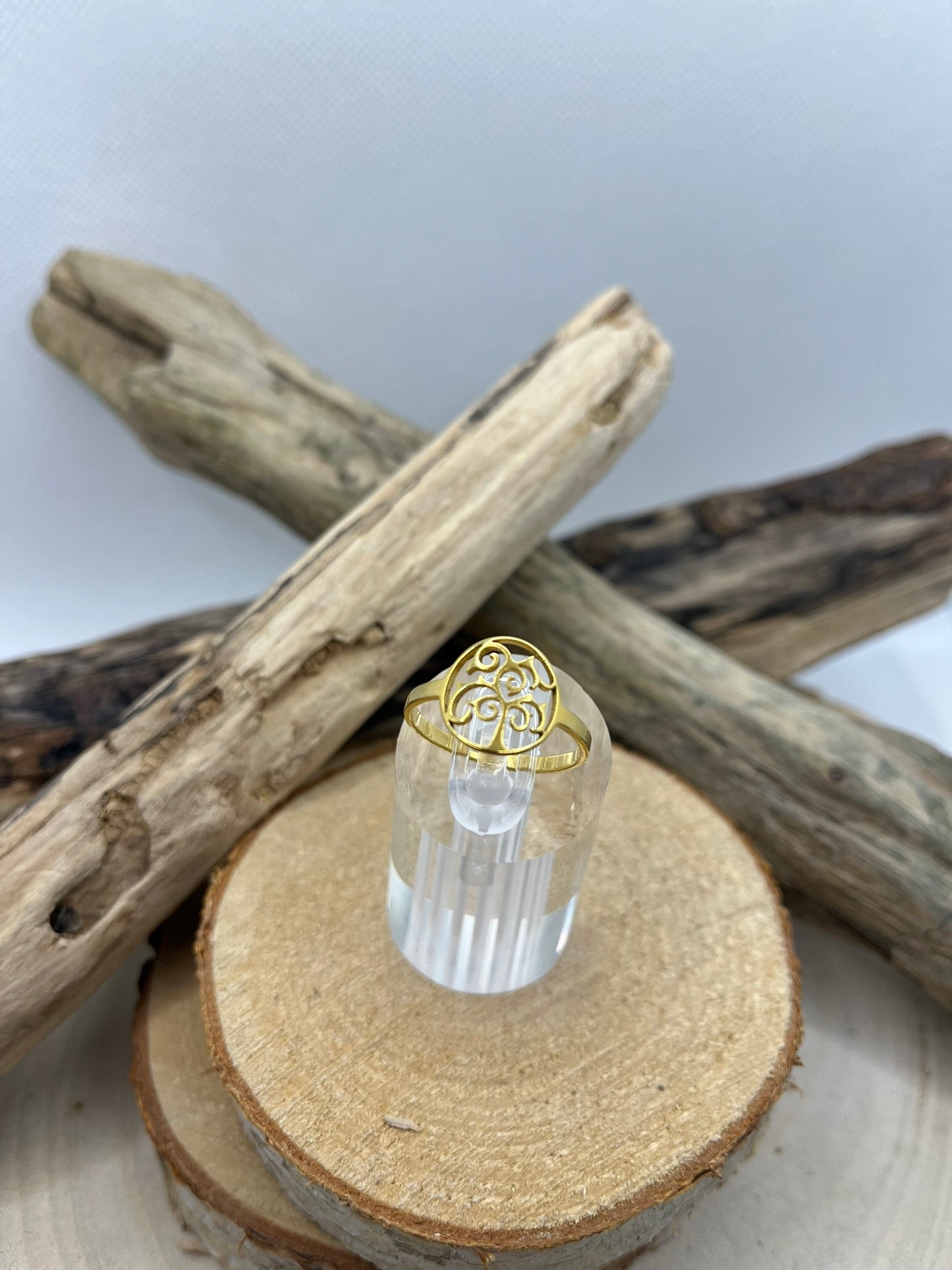 Bague en acier inoxydable fine Arbre de Vie tendance couleur doré ajustable à la mode