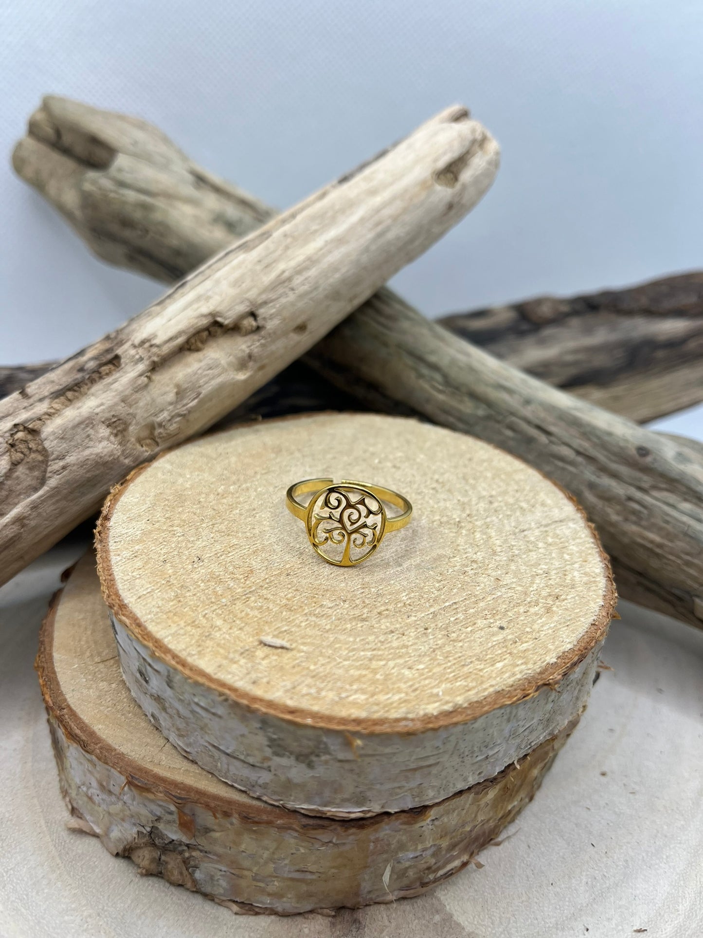 Bague en acier inoxydable fine Arbre de Vie tendance couleur doré ajustable à la mode