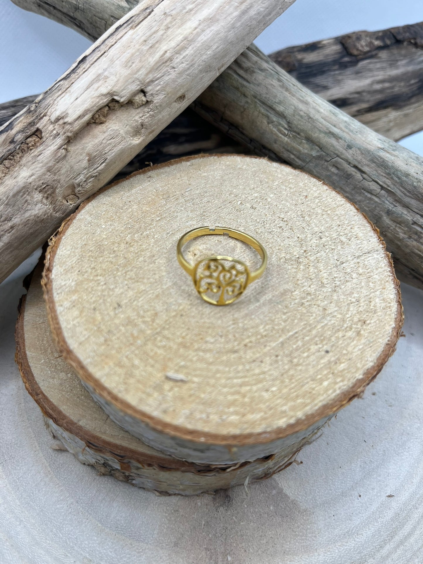 Bague en acier inoxydable fine Arbre de Vie tendance couleur doré ajustable à la mode