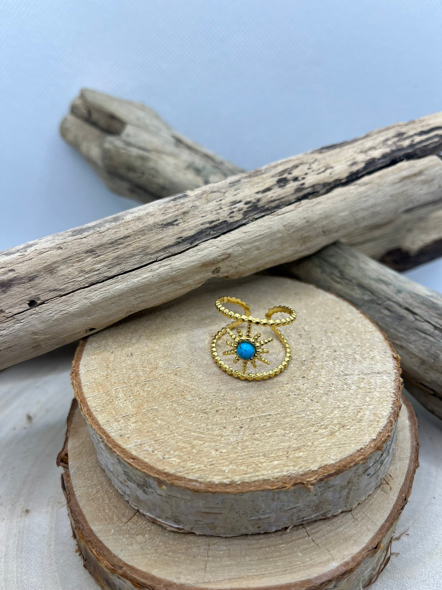 Bague Acier Inoxydable doré Ajustable - Pierre Naturelle Turquoise