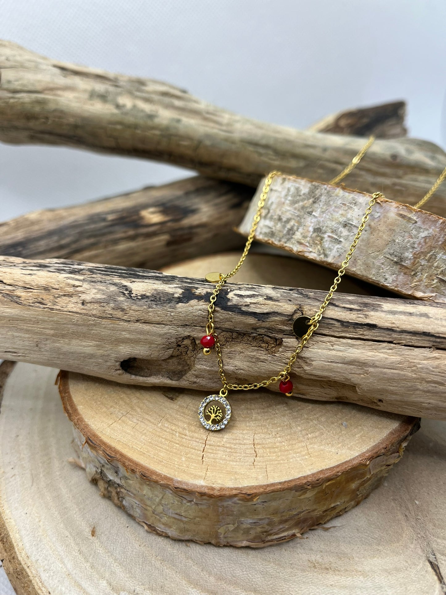 Collier Femme chaine fine Pendentif Arbre de vie ornés de strass - Acier inoxydable - Doré