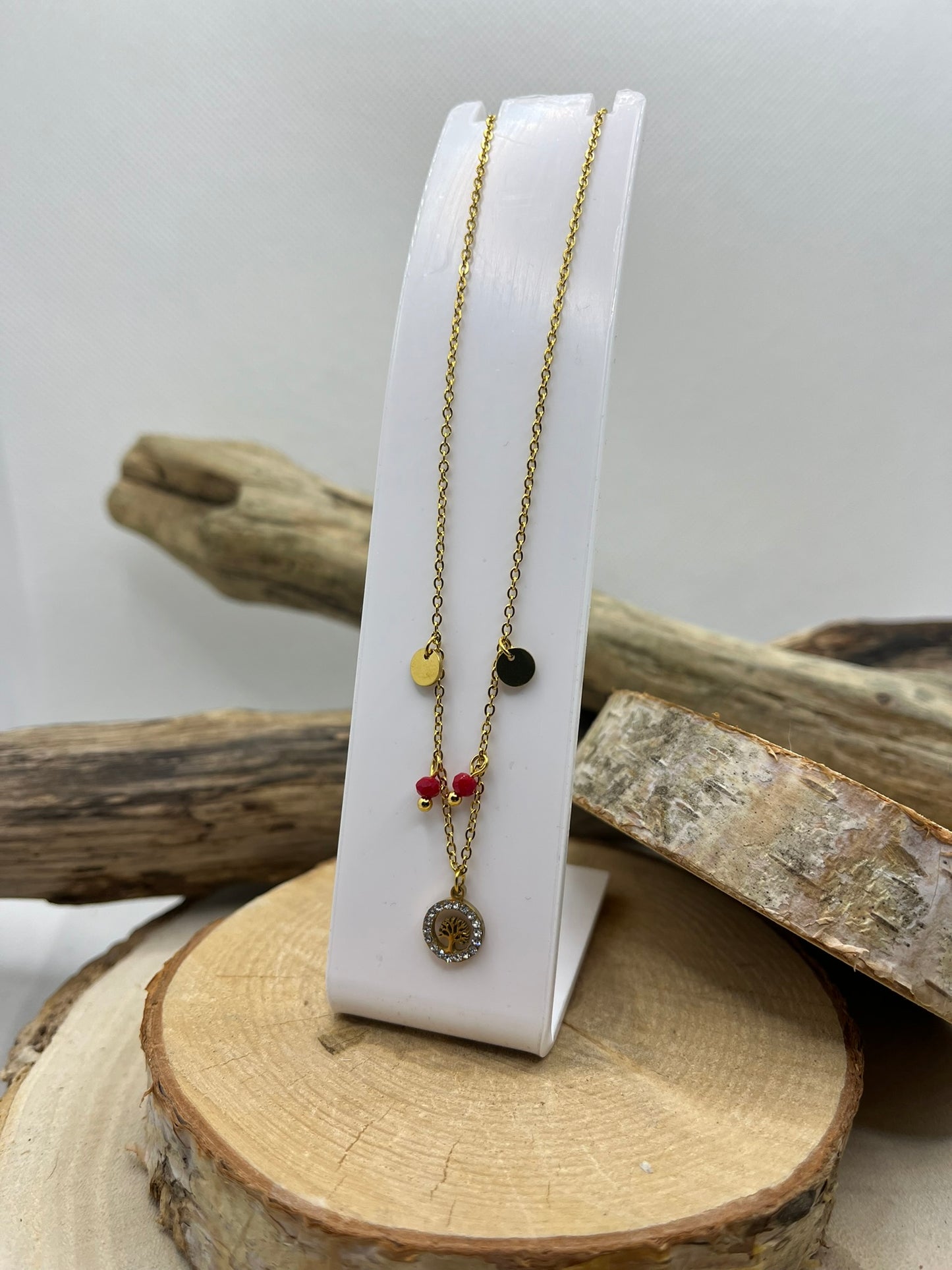 Collier Femme chaine fine Pendentif Arbre de vie ornés de strass - Acier inoxydable - Doré