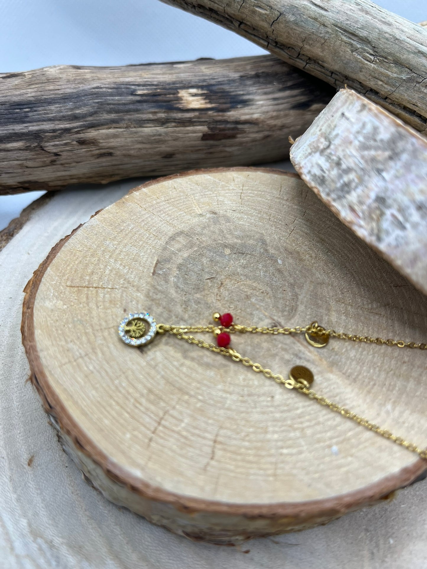 Collier Femme chaine fine Pendentif Arbre de vie ornés de strass - Acier inoxydable - Doré