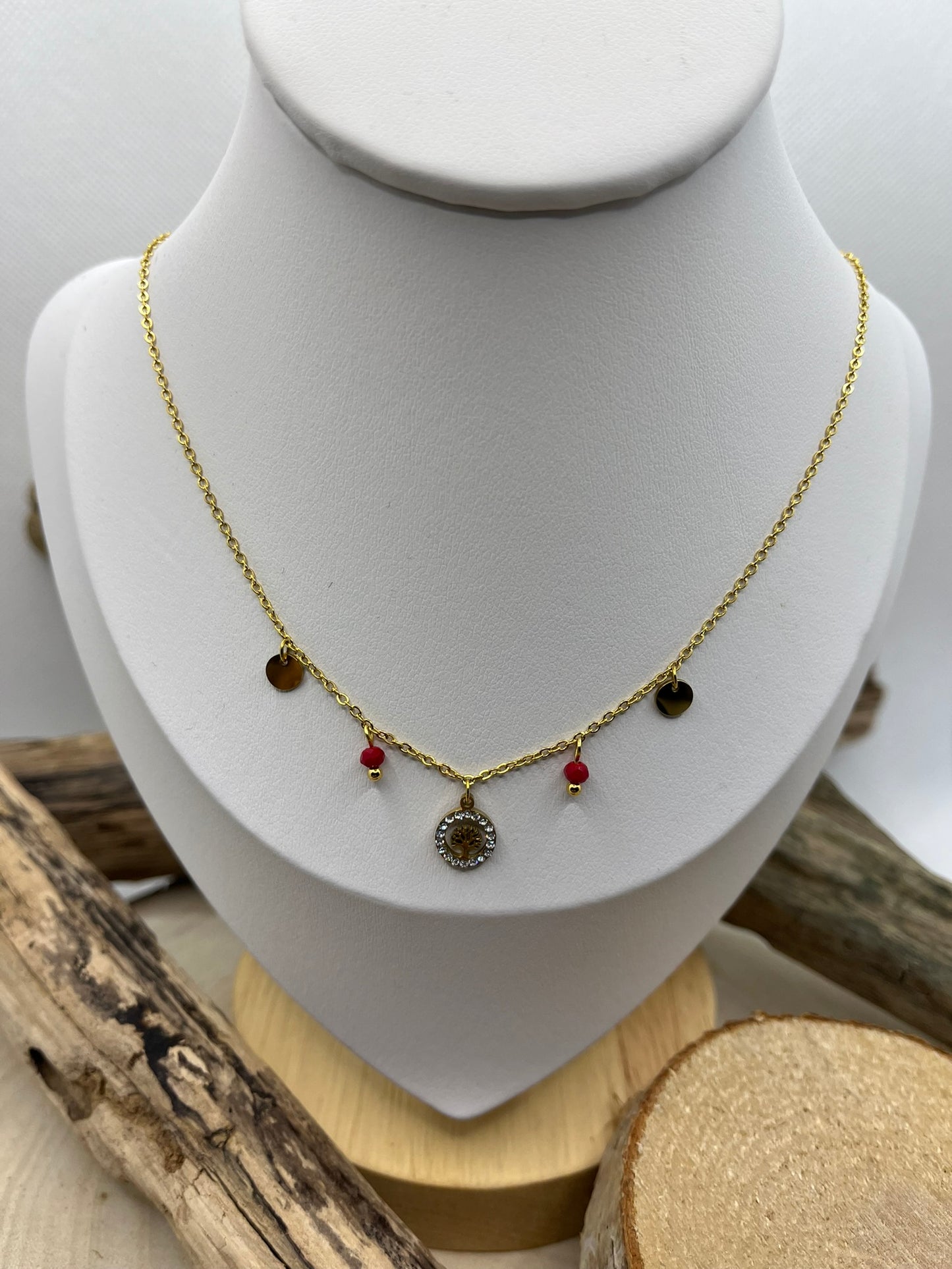 Collier Femme chaine fine Pendentif Arbre de vie ornés de strass - Acier inoxydable - Doré