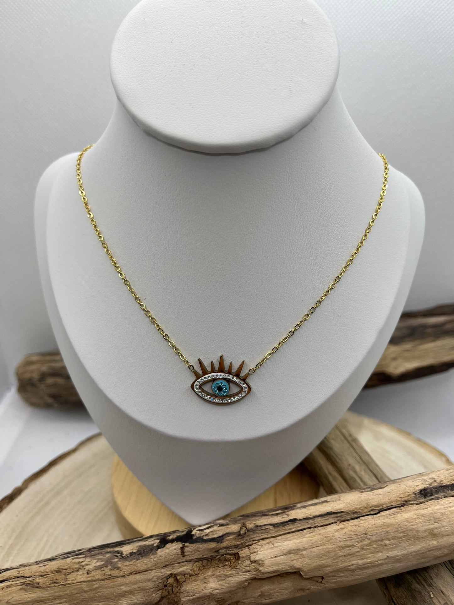 Collier Femme Chaine fine Pendentif oeil orné de strass - Acier Inoxydable Doré