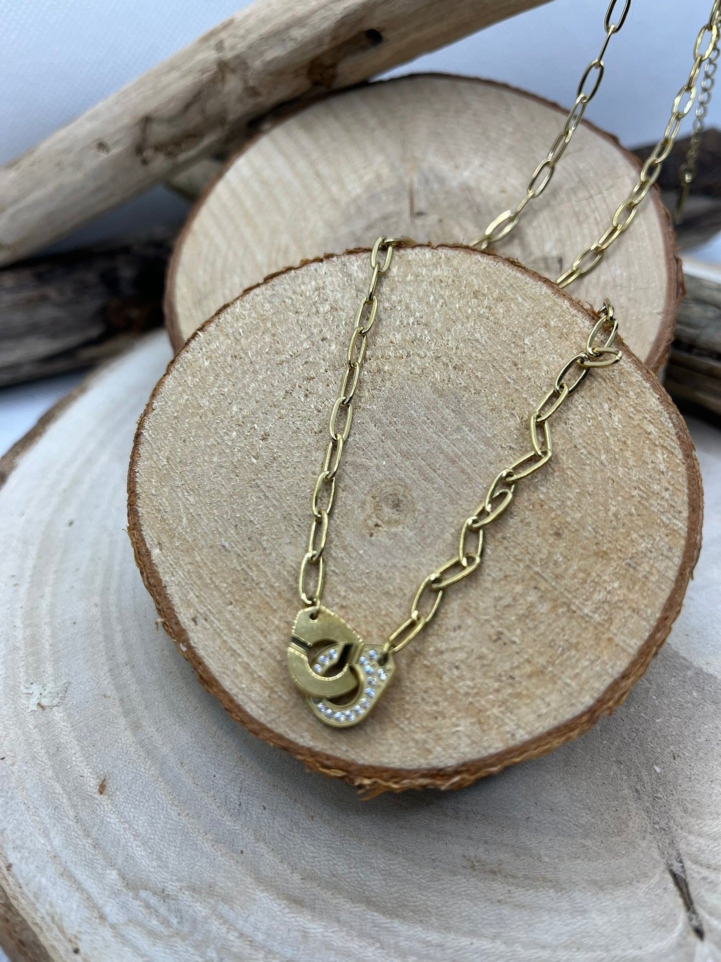 Collier Chaine Maillon élégant - Style pendentif anneau croisée avec strass - Acier inoxydable doré