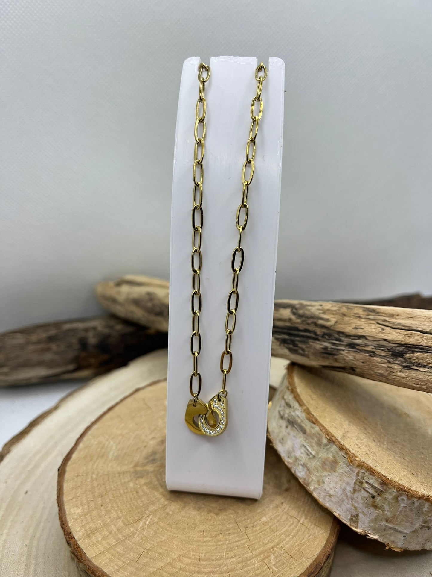 Collier Chaine Maillon élégant - Style pendentif anneau croisée avec strass - Acier inoxydable doré