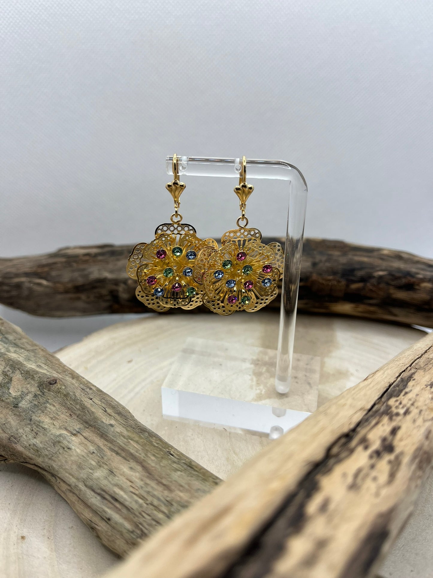 Ensemble Bijoux Femme Collier Chaine + Boucles d'oreilles - Pendentif fleur orné de strass couleur brillant - Acier inoxydable Doré