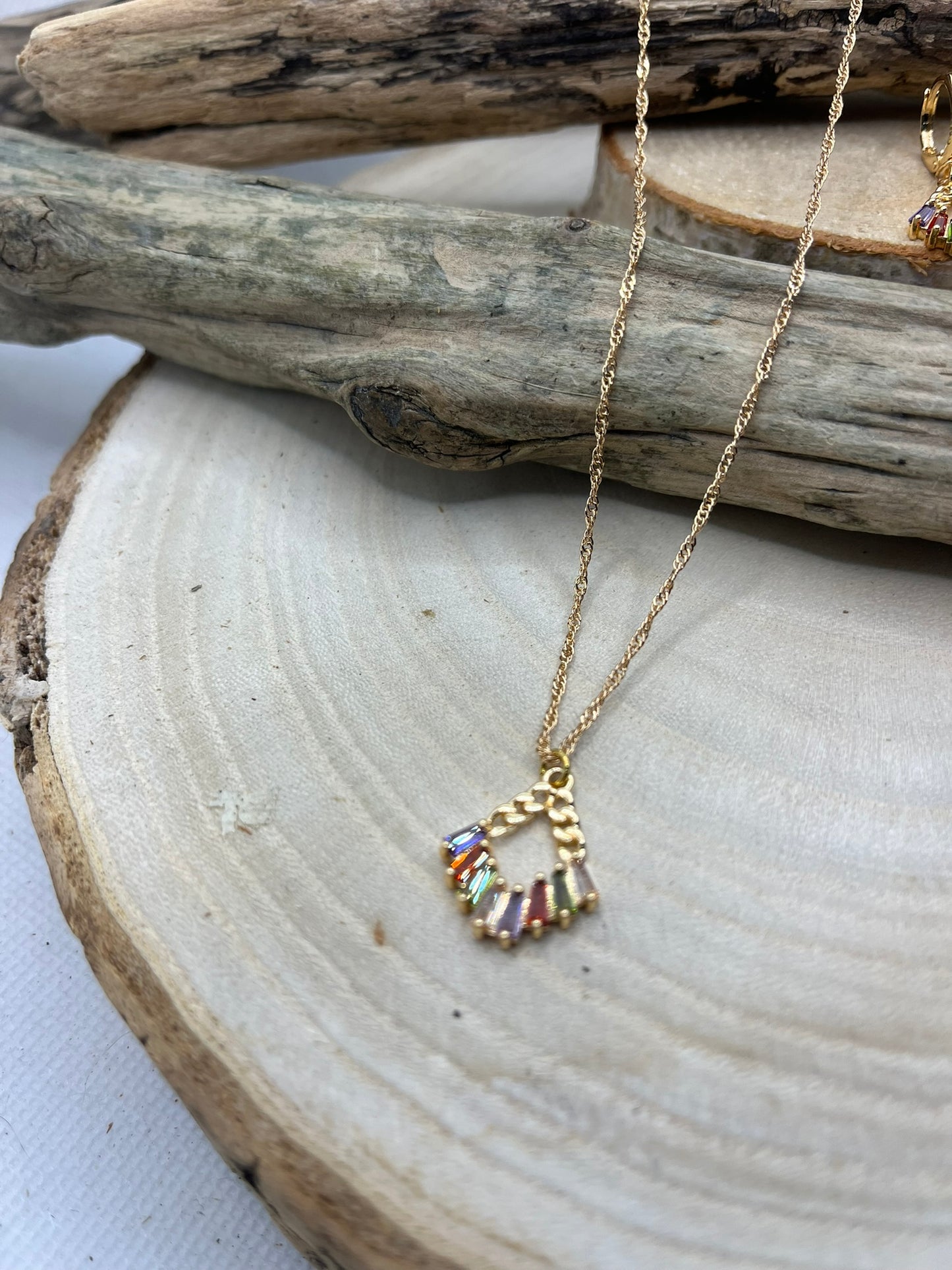 Ensemble Bijoux Femme - Collier chaine + Boucles d'oreilles - Pendentif éventail orné de brillant - Acier Inoxydable Doré