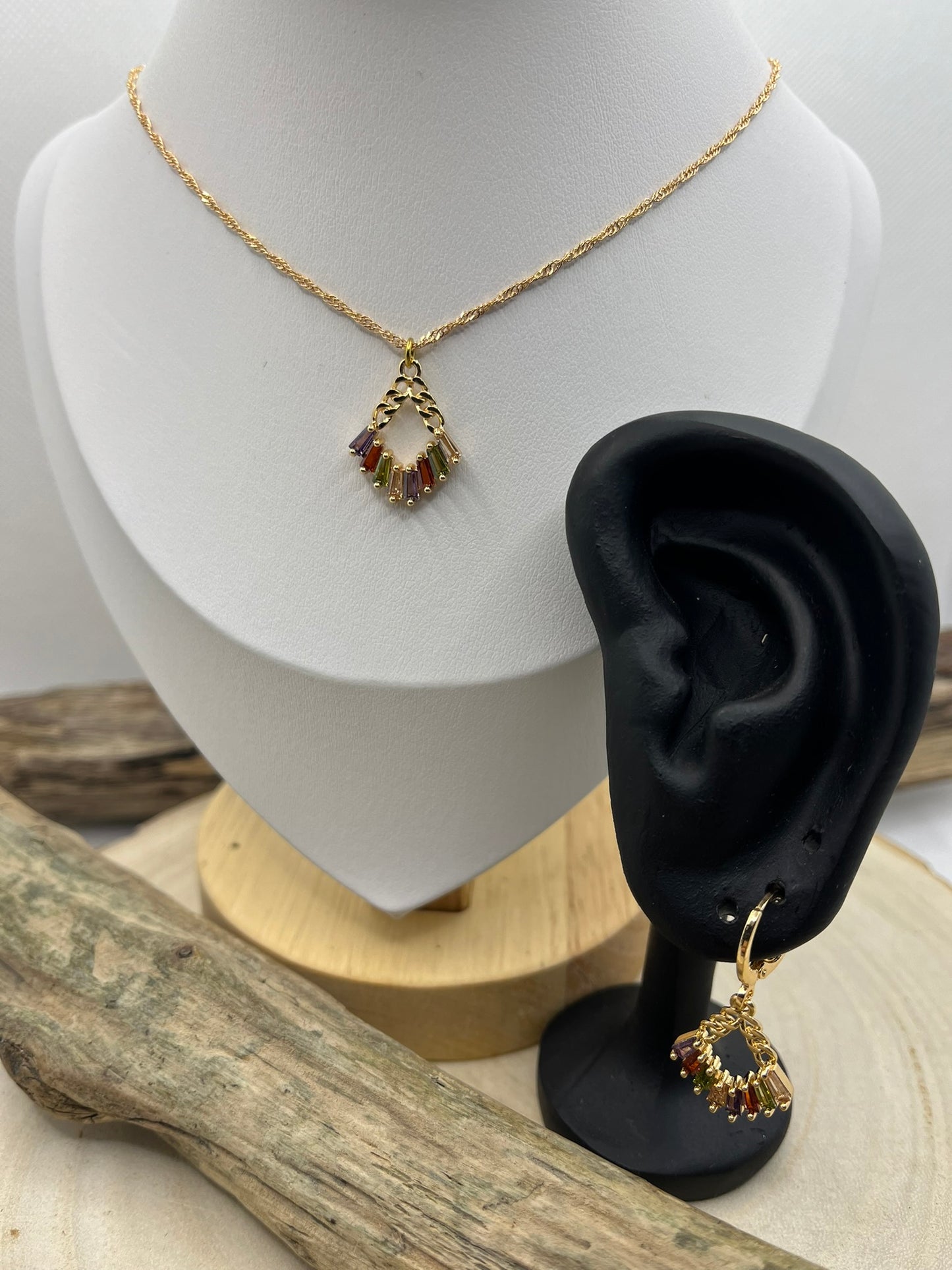 Ensemble Bijoux Femme - Collier chaine + Boucles d'oreilles - Pendentif éventail orné de brillant - Acier Inoxydable Doré