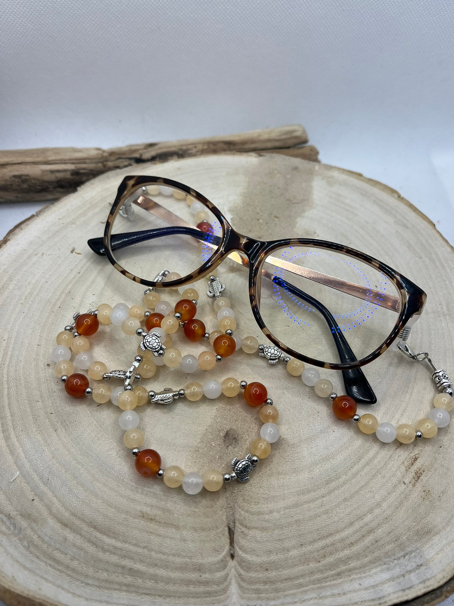 Cordon à Lunette en Perles de Pierres Naturelles - Citrine, Pierre de Lune et Cornaline - Fait Main