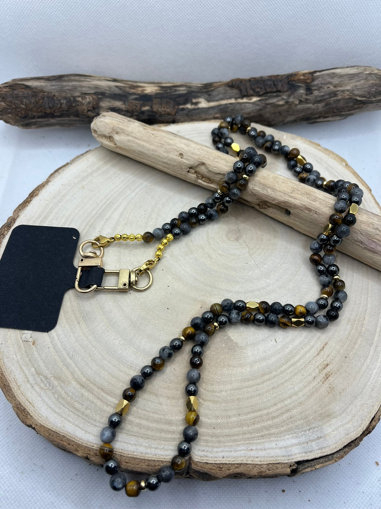 Cordon de Téléphone en perles de pierres naturelles - Hématite, Labradorite et Oeil de Tigre - Fait main
