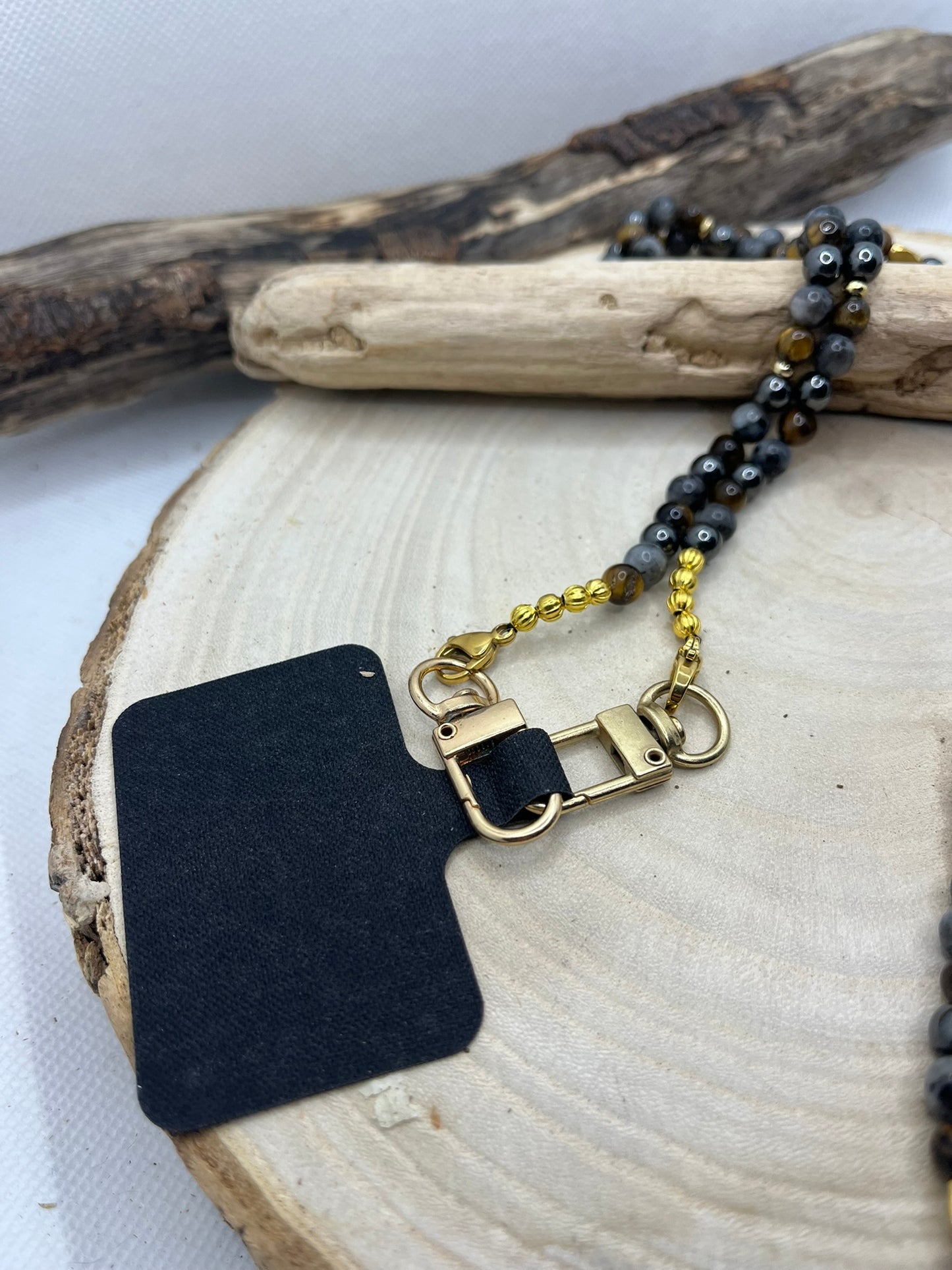 Cordon de Téléphone en perles de pierres naturelles - Hématite, Labradorite et Oeil de Tigre - Fait main