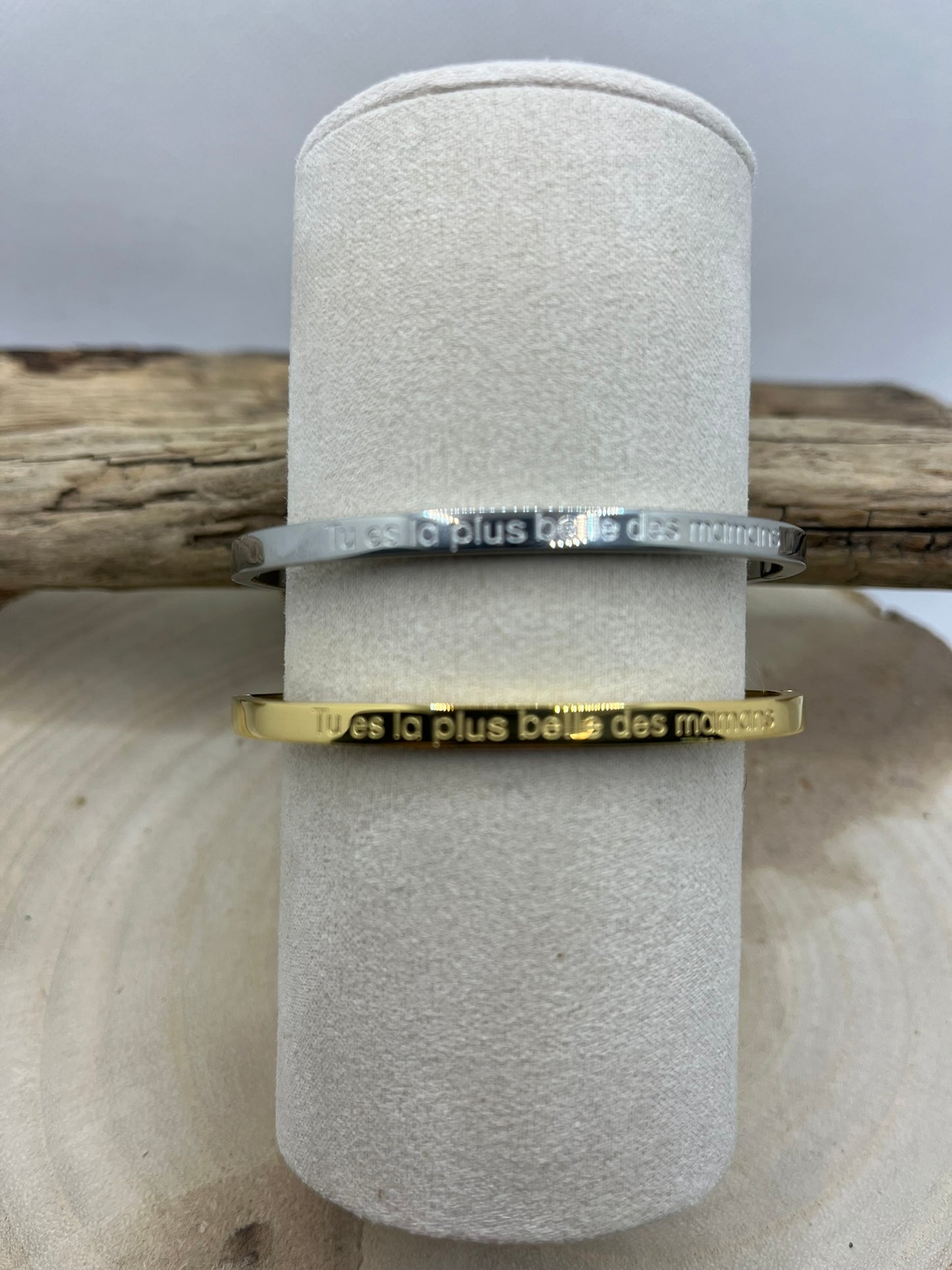 Bracelet jonc à message (Tu es la plus belle des mamans) - Acier inoxydable Doré et Argenté