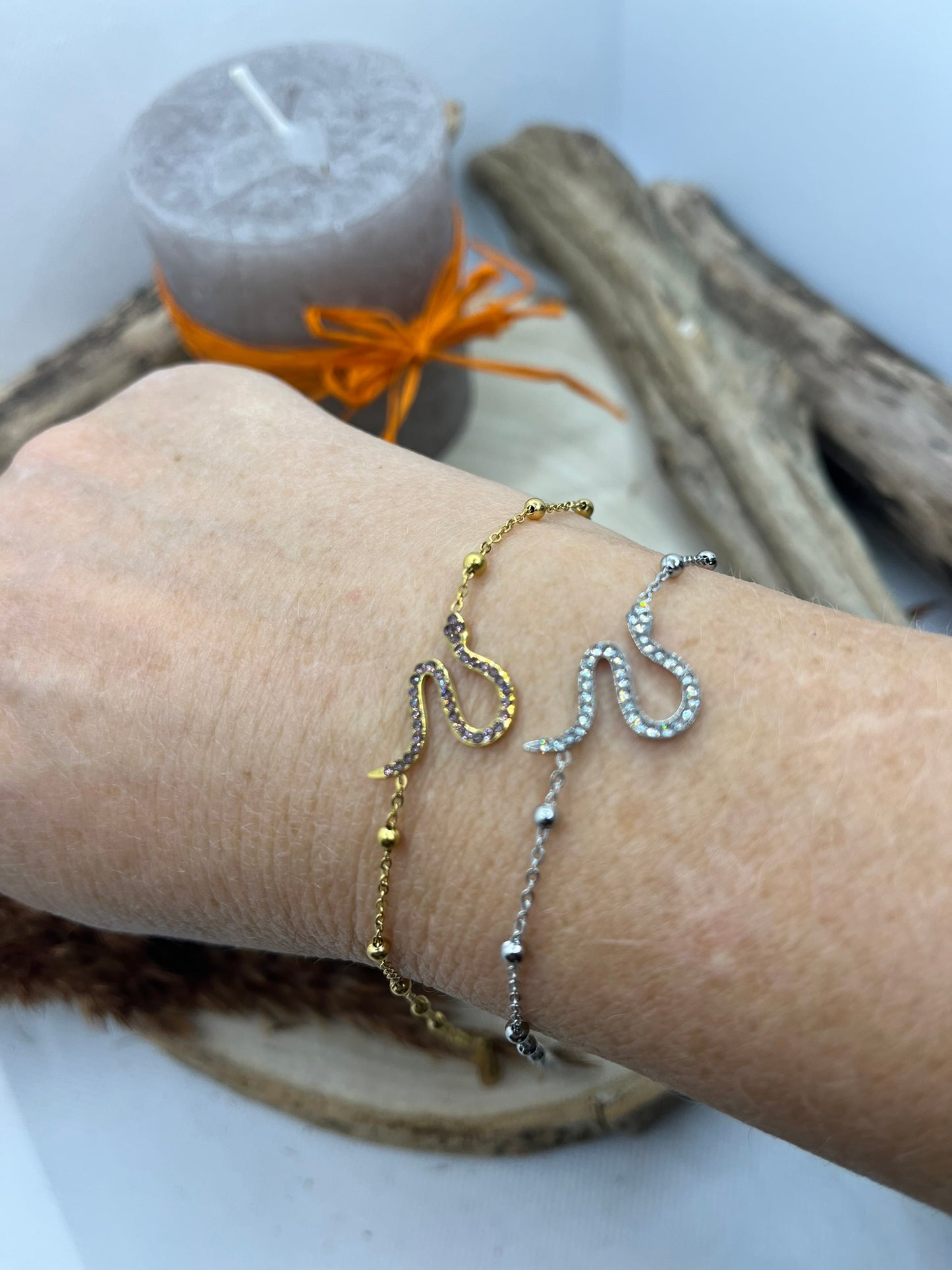Bracelet chaine fine serpent avec strass - Acier inoxydable Doré ou en Argenté