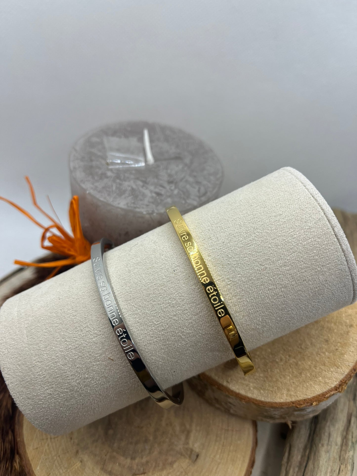 Bracelet Jonc à message ( Suivre ma bonne étoile ) Acier inoxydable doré ou en argenté