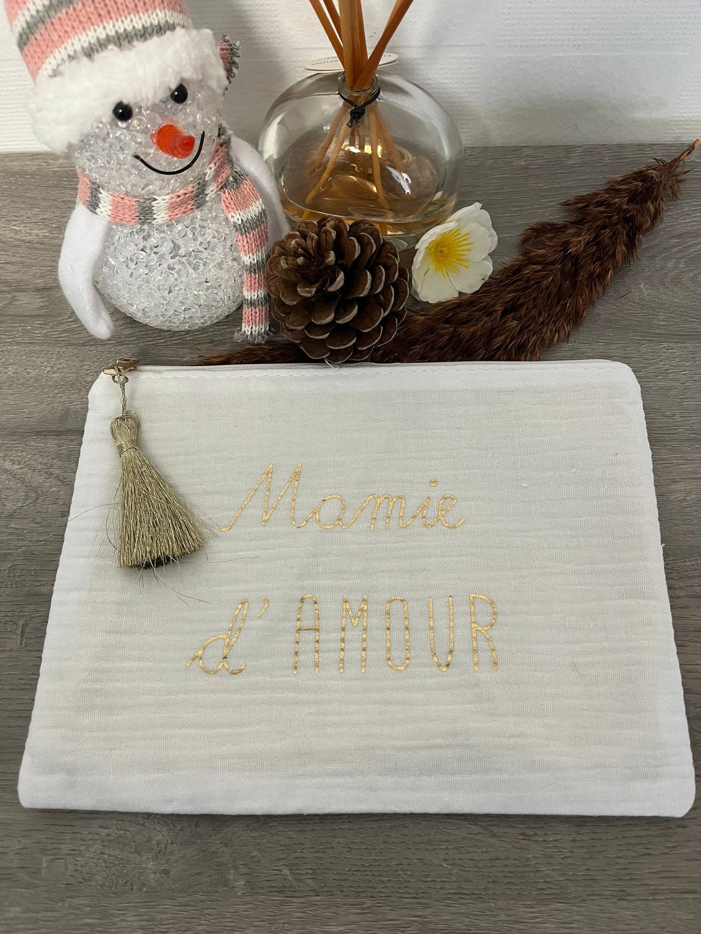 Trousse Pochette à message ( Mamie Chèrie - Mamie d'Amour ) avec Pompon doré - Fermeture éclair - idée cadeau pour femme