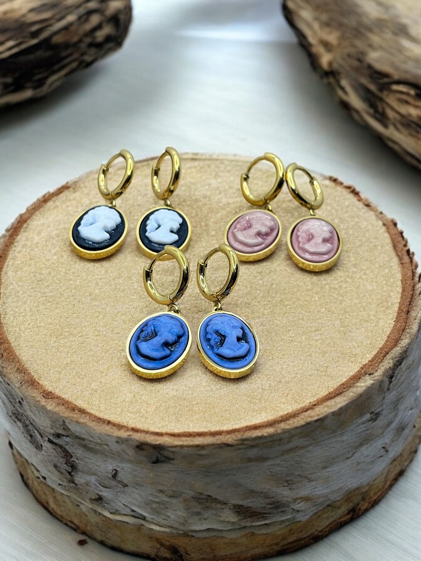 Boucles d'oreilles Créole Acier Inoxydable doré pendentif "Camée" de couleur noir - bleu - rose acier inoxydable doré