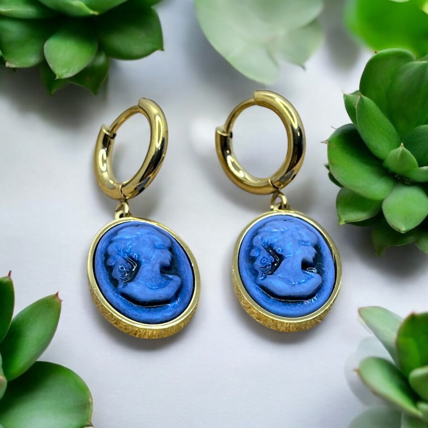 Boucles d'oreilles Créole Acier Inoxydable doré pendentif "Camée" de couleur noir - bleu - rose acier inoxydable doré