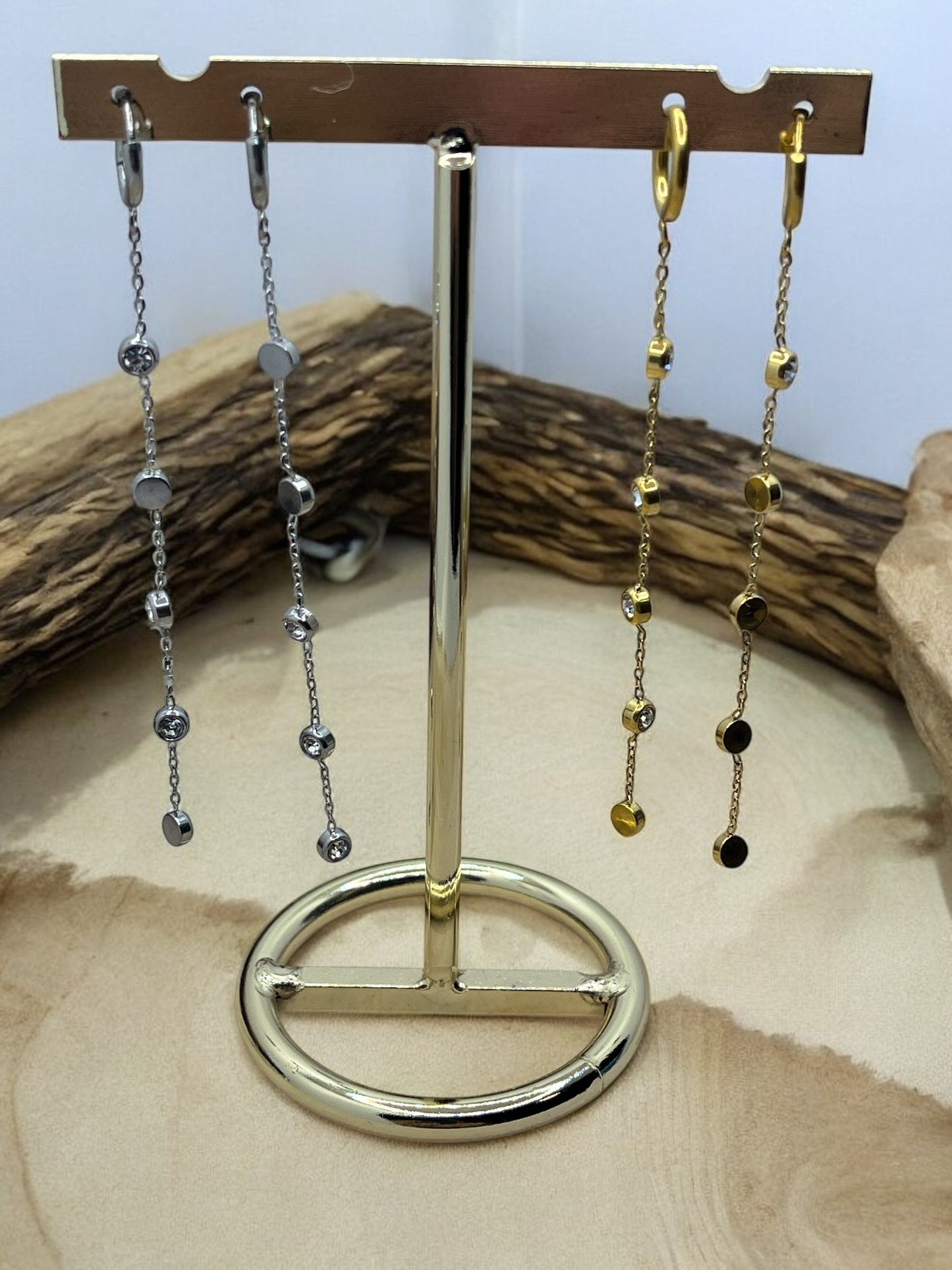 Boucles d'oreilles Chic Pendentif Chaine ornés de strass brillant - Acier inoxydable Doré ou Argenté
