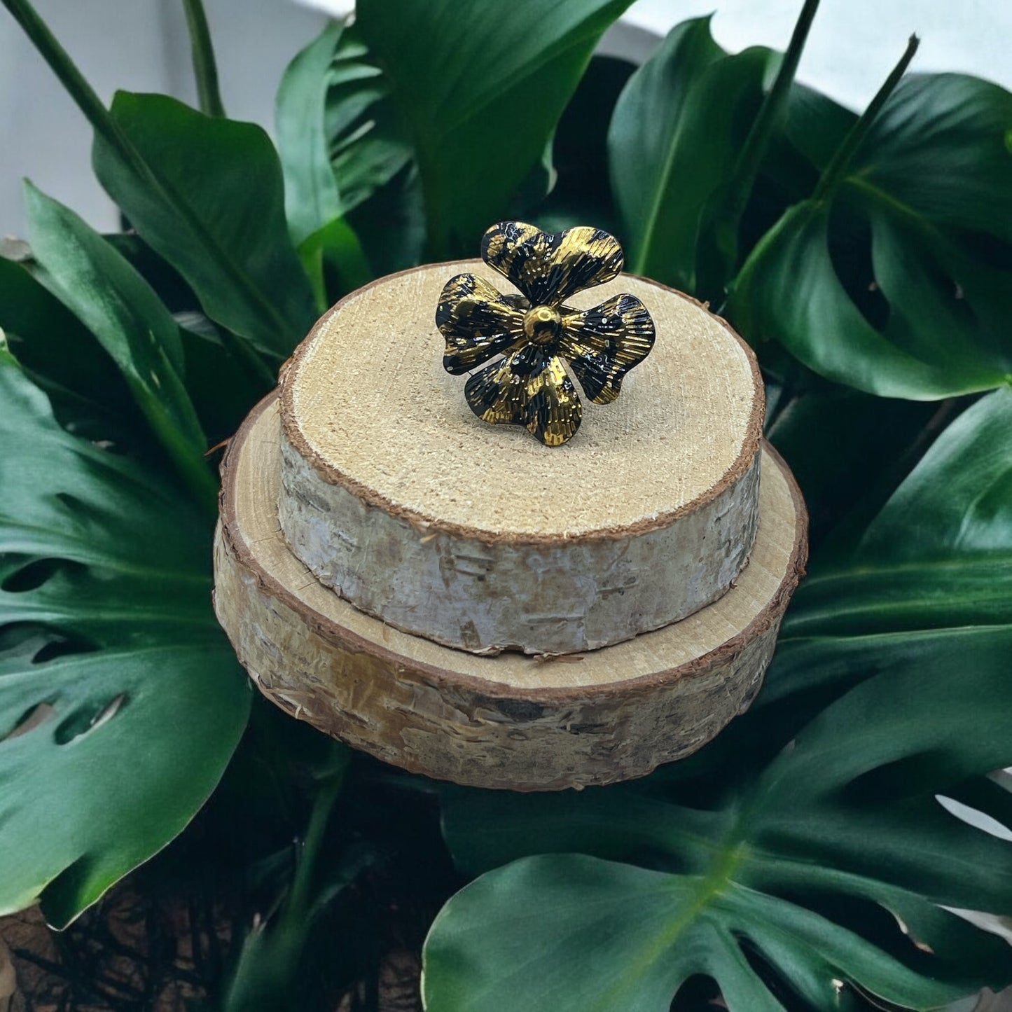 Bague Fleur Léopard - Acier inoxydable - Ajustable