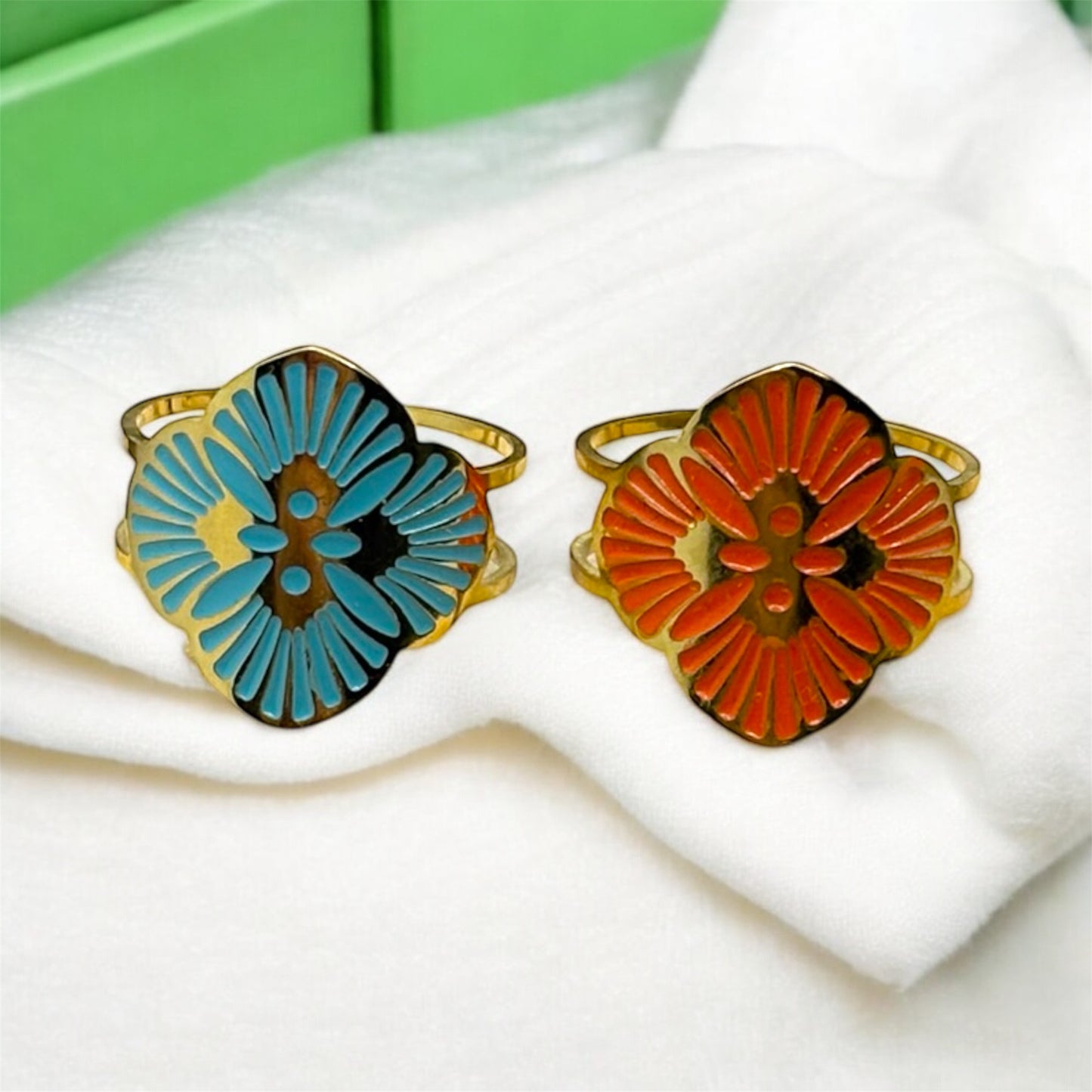 Bague fleur Chic élégante réglable de couleur orange ou vert - Acier inoxydable