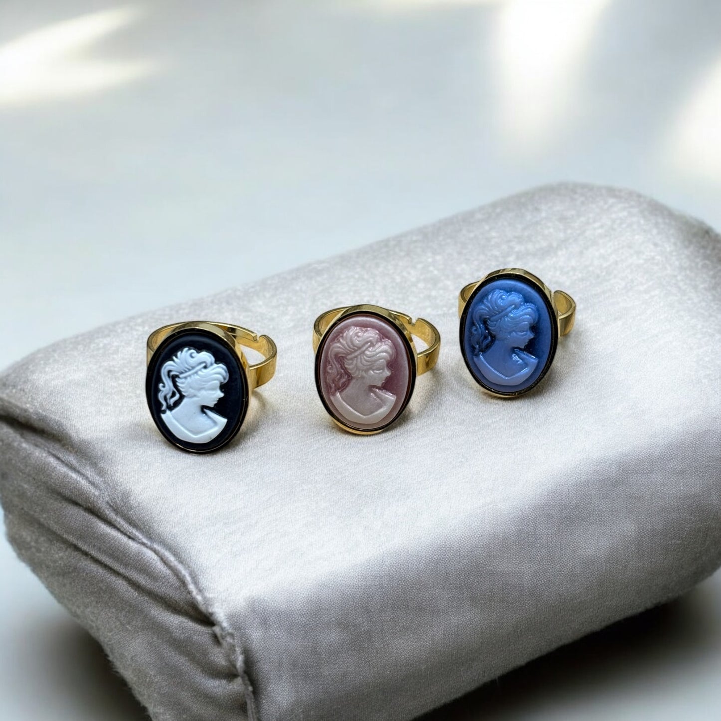 Bague Camé de Couleur Noir, Rose ou Bleu Réglable - Acier inoxydable Doré