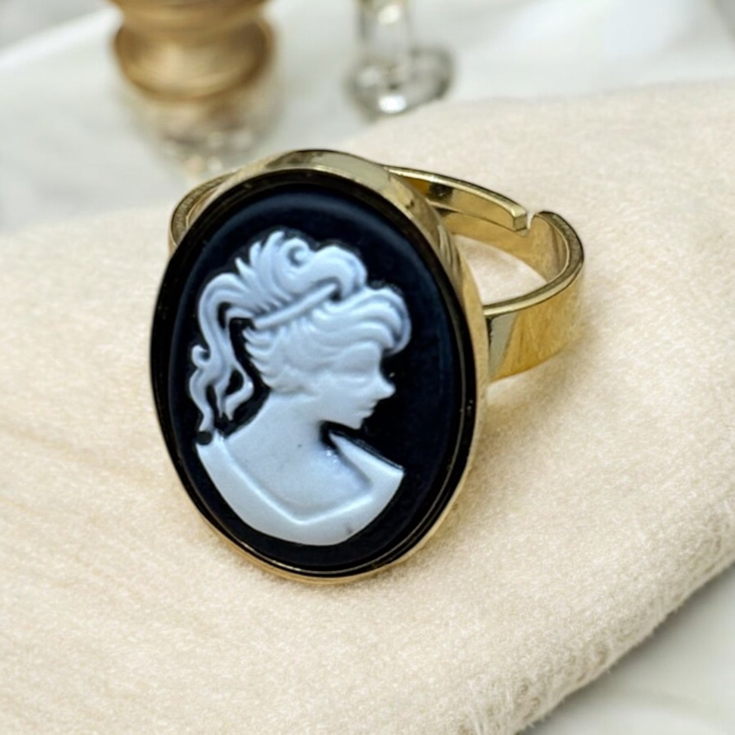 Bague Camé de Couleur Noir, Rose ou Bleu Réglable - Acier inoxydable Doré