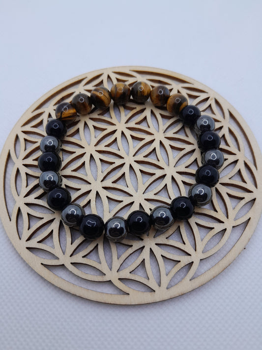 Bracelet en pierre naturelle - Oeil de Tigre / Hématite / Onyx - (8 mm)