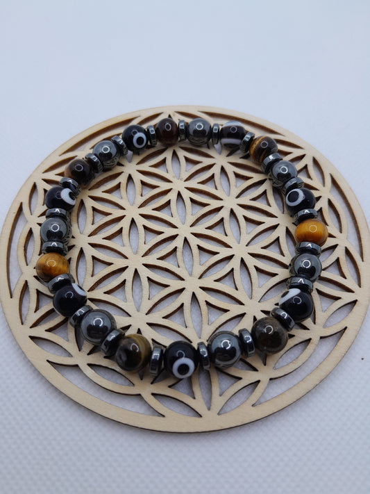 Bracelet en pierre naturelle - Double Protection - Oeil de Tigre / Hématite - 8 mm