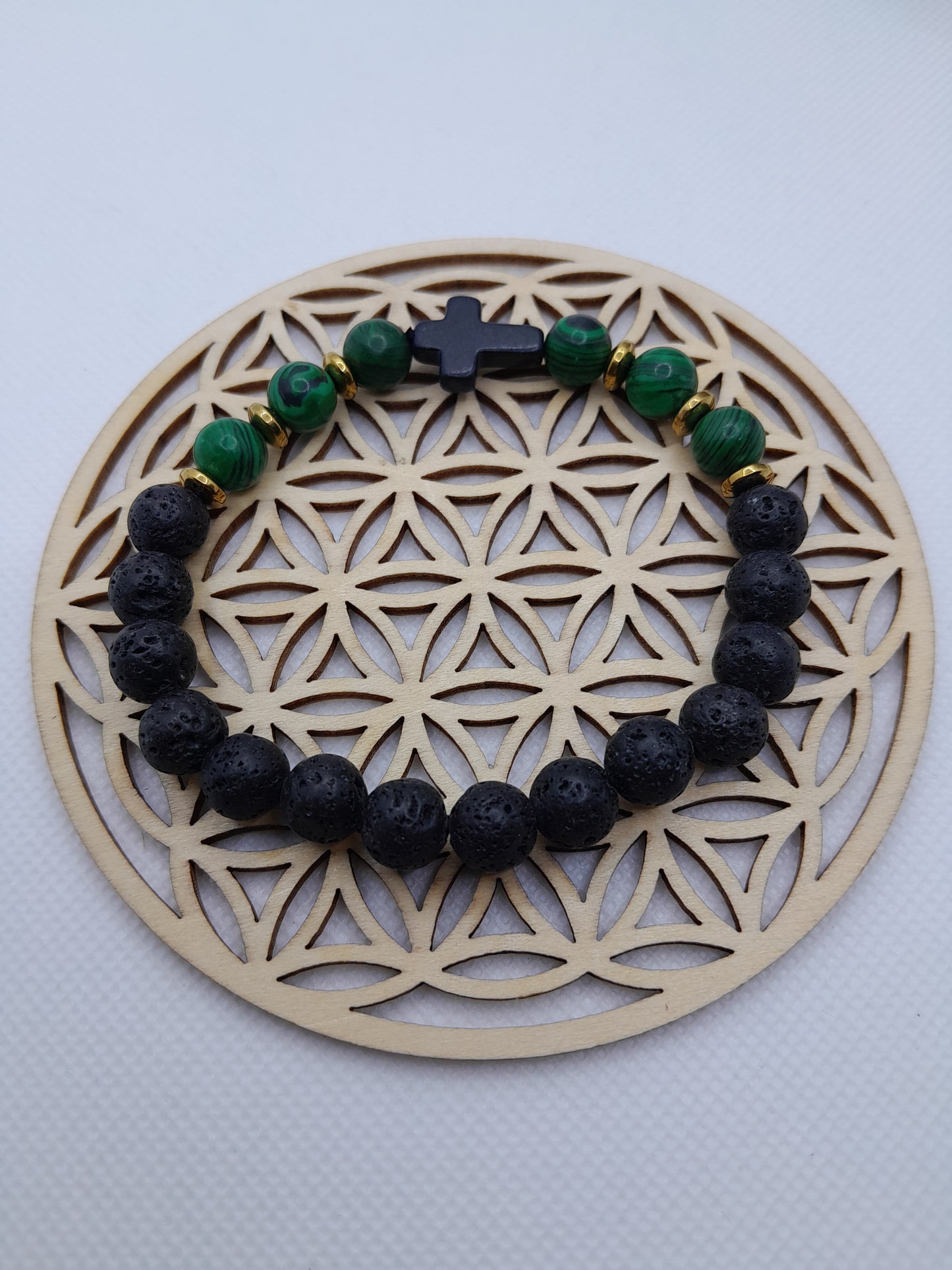 Bracelet en Pierre Naturelle - Pierre de Lave / Malachite - Croix