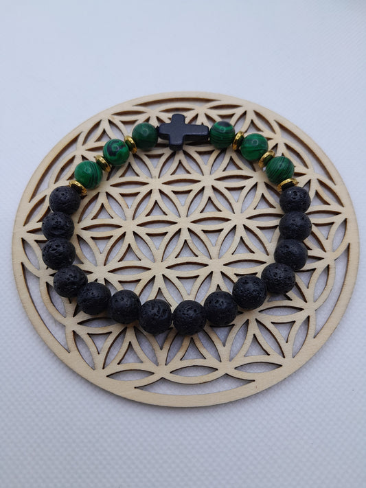 Bracelet en Pierre Naturelle - Pierre de Lave / Malachite - Croix
