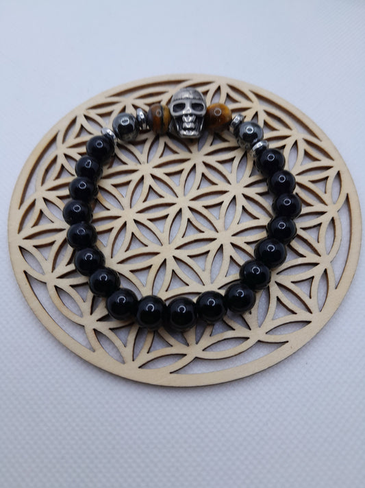Bracelet enPierre Naturelle - Oeil de Tigre / Hématite / Onyx - Tête de Mort