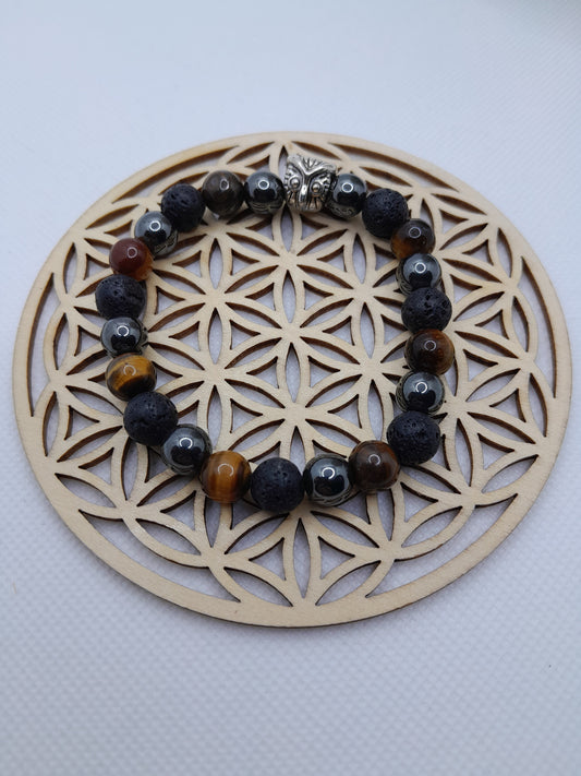 Bracelet en Pierre Naturelle - Hématite / Pierre de Lave / Oeil de Tigre - Tête Hibou