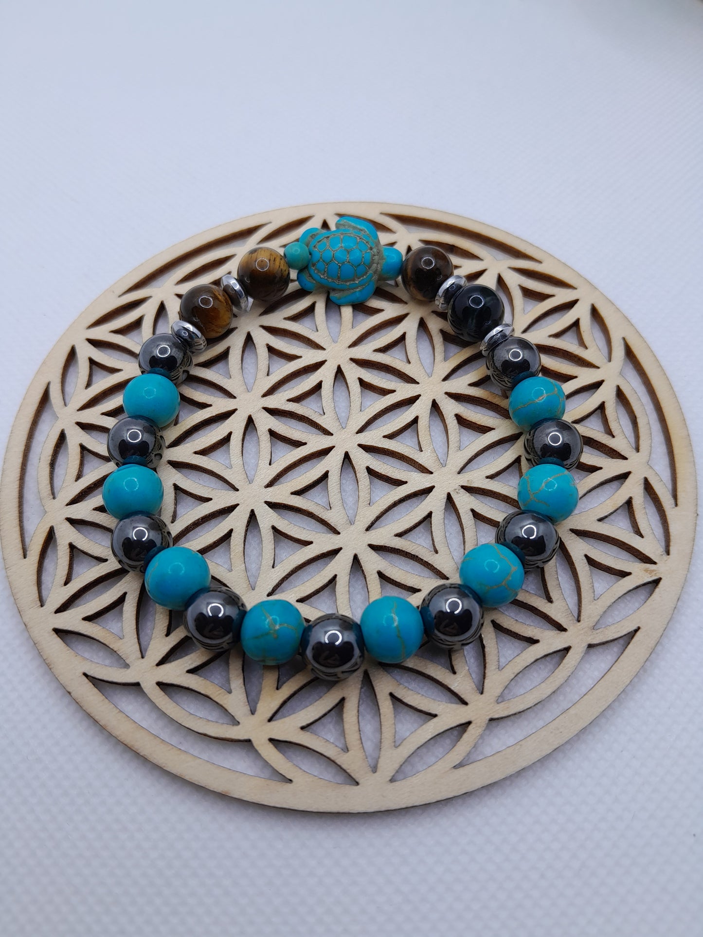 Bracelet en Pierre Naturelle - Oeil de Tigre / Hématite / Turquoise - Tortue