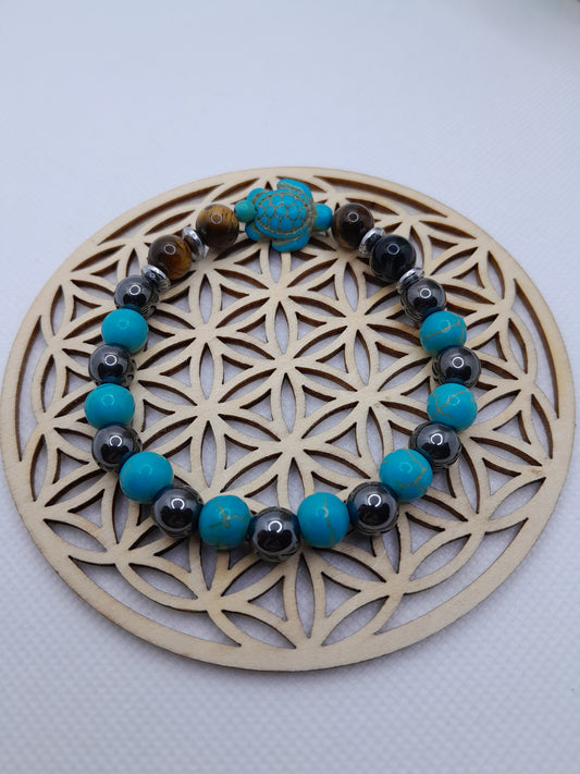 Bracelet en Pierre Naturelle - Oeil de Tigre / Hématite / Turquoise - Tortue