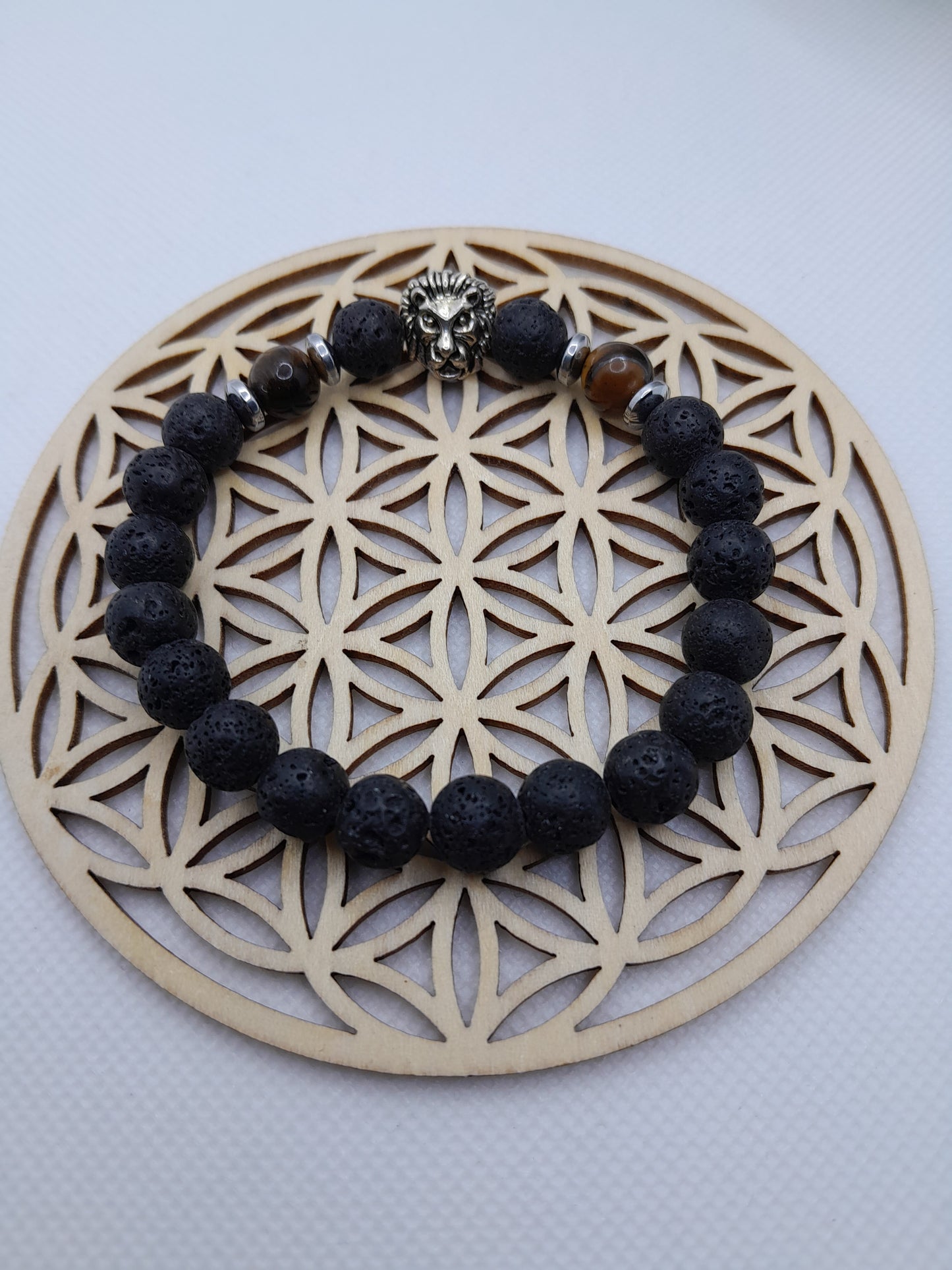 Bracelet en Pierre Naturelle - Pierre de Lave / Oeil de Tigre - Perles Lion