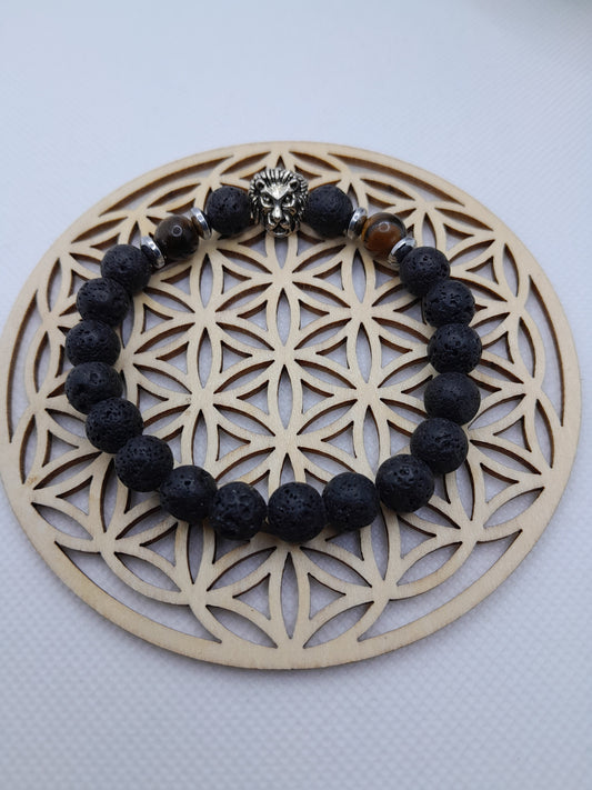 Bracelet en Pierre Naturelle - Pierre de Lave / Oeil de Tigre - Perles Lion