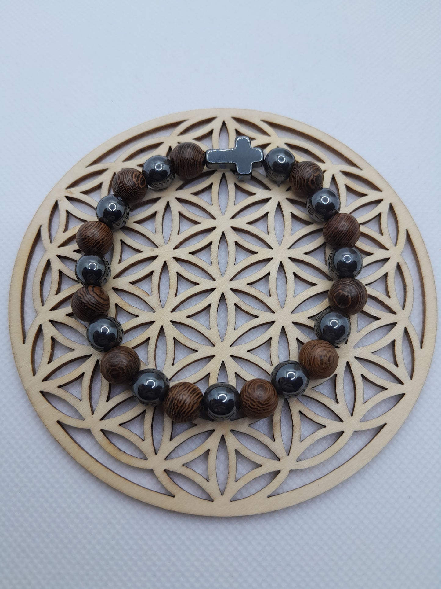 Bracelet en pierre Naturelle - Bois / Hématite / Croix Hématite