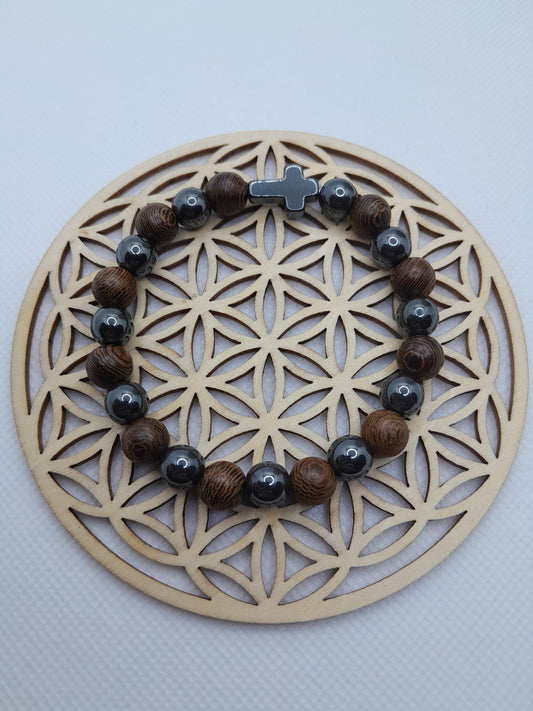 Bracelet en pierre Naturelle - Bois / Hématite / Croix Hématite