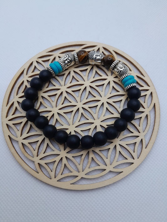 Bracelet en Pierre Naturelle - Oeil de Tigre / Onyx / 3 Bouddhas
