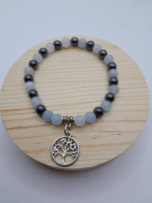 Bracelet en Pierre Naturelle - Aigue Marine / Hématite / et son Arbre de vie