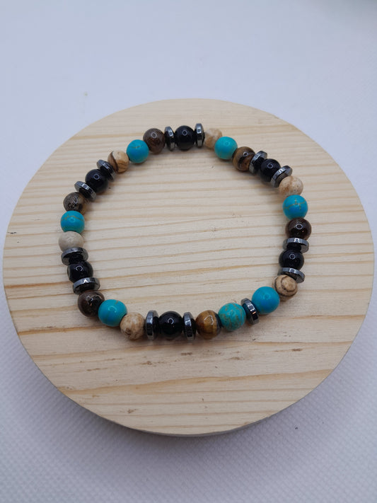 Bracelet en Pierre Naturelle - Oeil de Tigre  / Hématite / Onyx / Turquoise